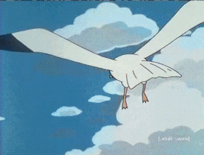 A Cartoon Of A Seagull Flying In A Blue Sky With The Words Adult Swim Below It GIF