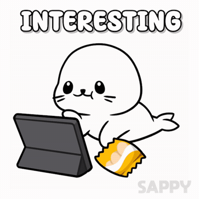 A Cartoon Of A Seal Eating Chips And Looking At A Tablet With The Words Interesting Behind It GIF