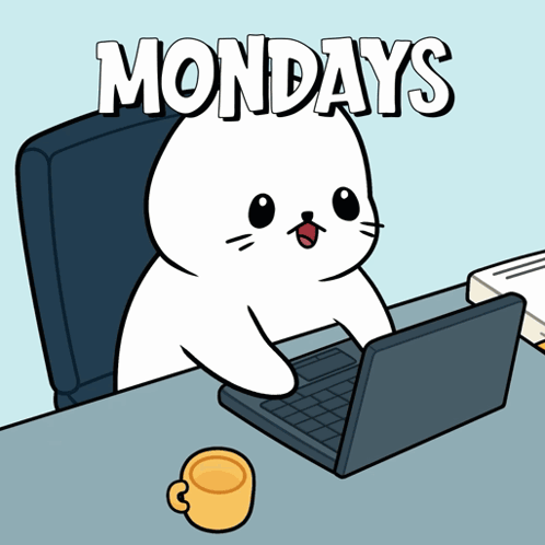 A Cartoon Of A Seal Using A Laptop With The Word Mondays Written Above It GIF