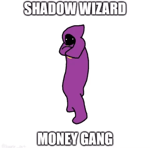 A Cartoon Of A Shadow Wizard Dancing With The Words `` Shadow Wizard Money Gang '' Written Below Him . GIF