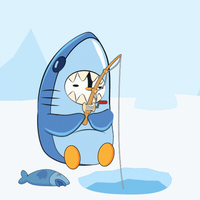 A Cartoon Of A Shark Holding A Fishing Rod In Its Mouth GIF