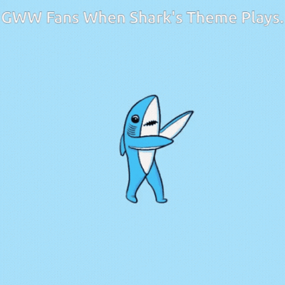 A Cartoon Of A Shark On A Blue Background With The Words Gww Fans When Shark 'S Theme Plays GIF