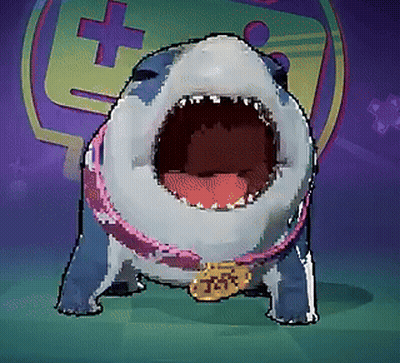 A Cartoon Of A Shark With Its Mouth Open And A Necklace That Says J.l.s. GIF
