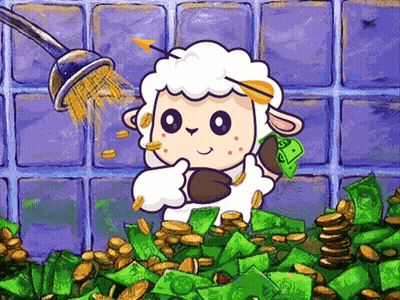 A Cartoon Of A Sheep Holding A Dollar Bill And Coins GIF