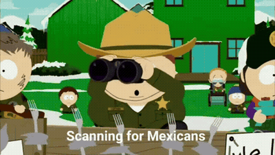 A Cartoon Of A Sheriff Looking Through Binoculars Says Scanning For Mexicans GIF
