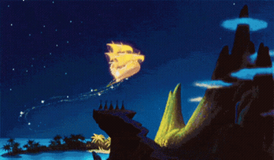 A Cartoon Of A Ship Flying Over A Mountain GIF