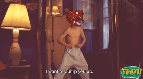 A Cartoon Of A Shirtless Boy With A Red Monster On His Head Says I Want To Pump You Up GIF