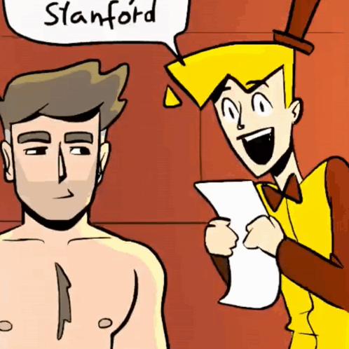 A Cartoon Of A Shirtless Man And A Man With A Top Hat Saying Stanford GIF