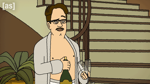 A Cartoon Of A Shirtless Man Holding A Bottle Of Champagne And A Glass With The Letters As On The Bottom GIF