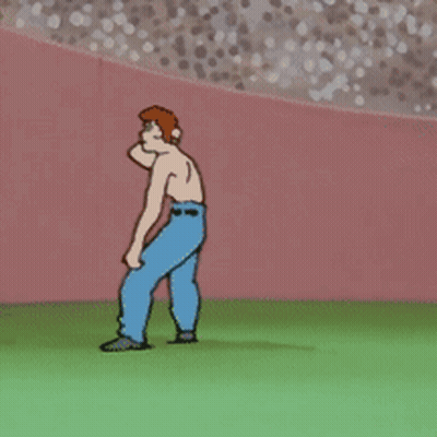 A Cartoon Of A Shirtless Man In Blue Pants Dancing On A Green Field GIF