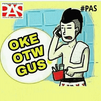 A Cartoon Of A Shirtless Man Talking On A Cell Phone With The Words Oke Otw Gus Above Him GIF