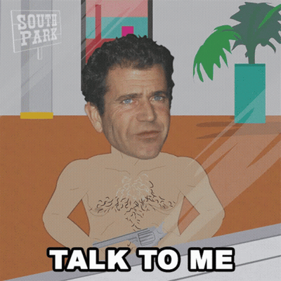 A Cartoon Of A Shirtless Man With A Gun And The Words Talk To Me Below Him GIF