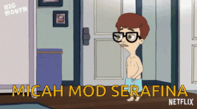 A Cartoon Of A Shirtless Man With Glasses And The Words Micah Mod Serafina Netflix GIF