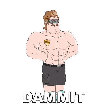 A Cartoon Of A Shirtless Man With The Word Dammit Written Below Him Sticker