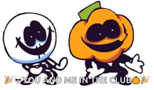 A Cartoon Of A Skeleton And A Pumpkin With The Words `` You And Me In The Club '' GIF