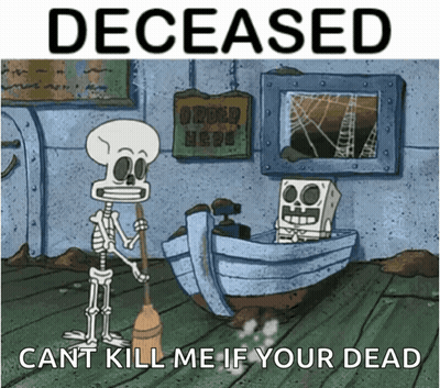 A Cartoon Of A Skeleton Holding A Broom Next To A Boat That Says Deceased On It GIF