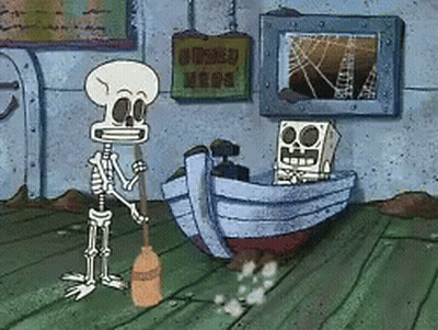 A Cartoon Of A Skeleton Holding A Broom Next To A Boat With A Sign Above It That Says " Opened " GIF