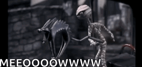 A Cartoon Of A Skeleton Holding A Claw With The Words Meeoooowwww Written Below It GIF