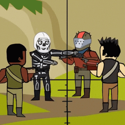 A Cartoon Of A Skeleton Holding A Gun In Front Of A Group Of Soldiers . GIF