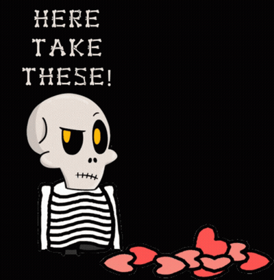 A Cartoon Of A Skeleton Holding A Heart With The Words Here Take These GIF