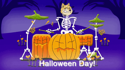 A Cartoon Of A Skeleton Playing Drums With The Words Halloween Day GIF