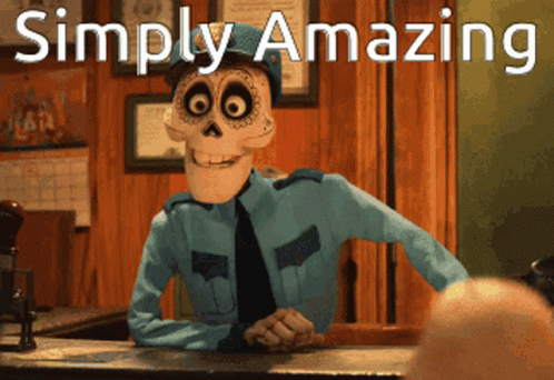 A Cartoon Of A Skeleton Sitting At A Counter With The Words Simply Amazing Written Above Him GIF