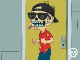 A Cartoon Of A Skeleton Smoking A Cigar In Front Of A Yellow Door With The Number 28 On It GIF