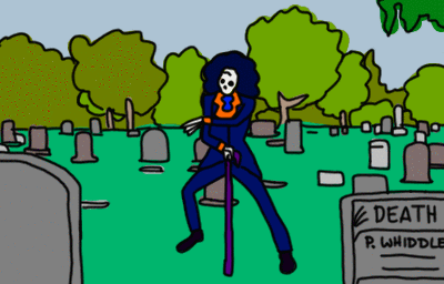 A Cartoon Of A Skeleton Standing In A Cemetery Next To A Grave Of P. Whiddle GIF