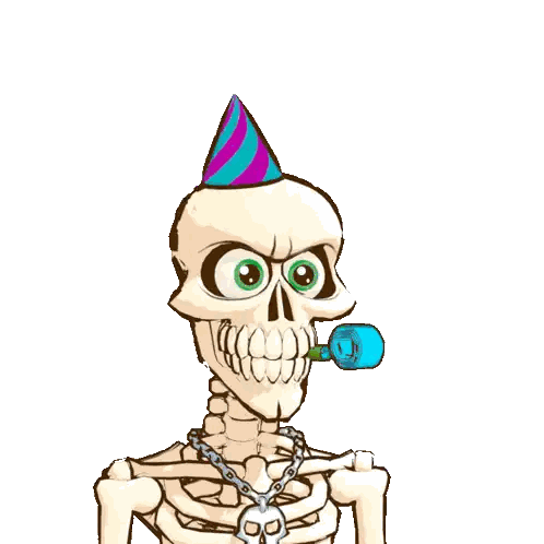 A Cartoon Of A Skeleton Wearing A Party Hat And A Party Horn Sticker