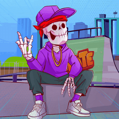 A Cartoon Of A Skeleton Wearing A Purple Hoodie And A Purple Hat GIF