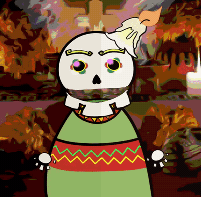 A Cartoon Of A Skeleton With A Candle On Top Of His Head GIF