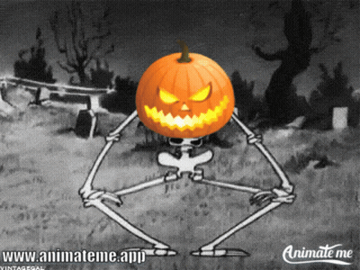A Cartoon Of A Skeleton With A Pumpkin On His Head And The Website Www.animateme.app GIF