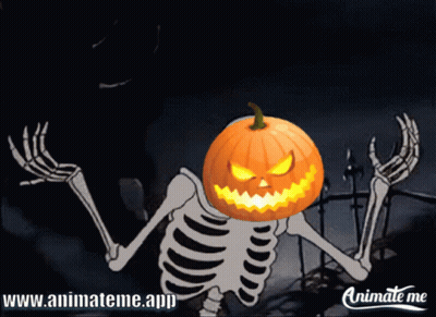 A Cartoon Of A Skeleton With A Pumpkin On His Head And The Website Www.animateme.app GIF