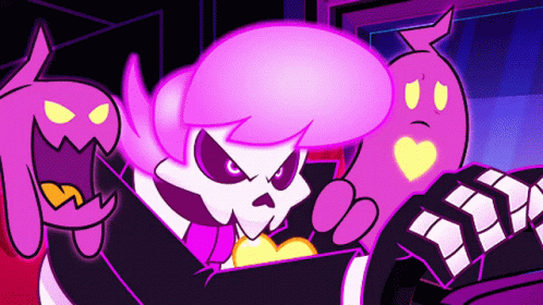 A Cartoon Of A Skeleton With Purple Hair And A Purple Ghost With A Heart On It GIF