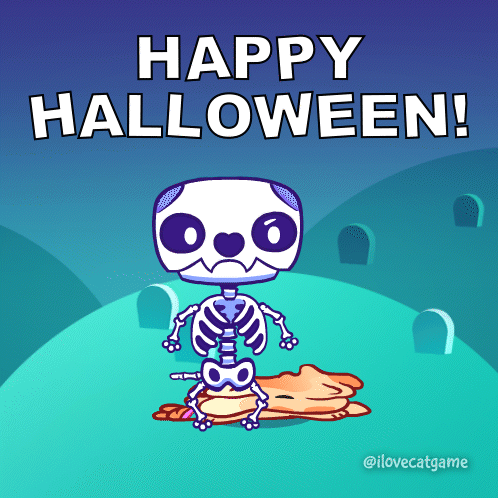 A Cartoon Of A Skeleton With The Words Happy Halloween Below It GIF