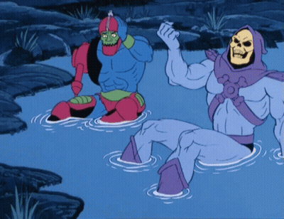 A Cartoon Of A Skeletor And A Robot In A Body Of Water GIF