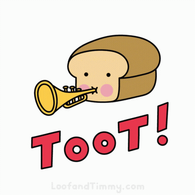 A Cartoon Of A Slice Of Bread Blowing A Trumpet With The Words Toot Written Below It GIF