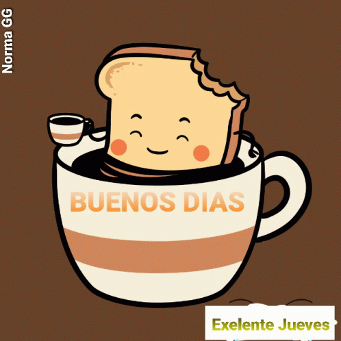 A Cartoon Of A Slice Of Bread In A Cup Of Coffee With The Words Buenos Dias Above It GIF