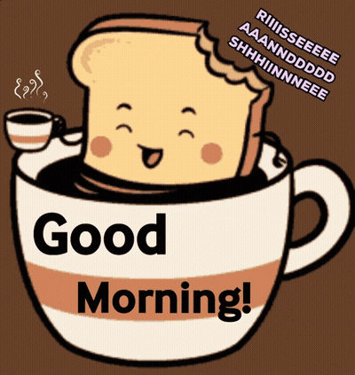 A Cartoon Of A Slice Of Bread In A Cup Of Coffee With The Words Good Morning GIF