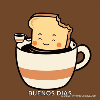 A Cartoon Of A Slice Of Toast In A Cup Of Coffee With The Words Buenos Dias Below It GIF