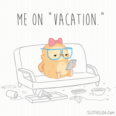 A Cartoon Of A Sloth Sitting On A Couch With The Words Me On Vacation Below It GIF