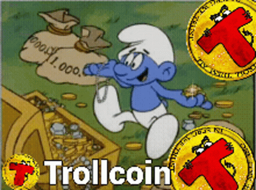 A Cartoon Of A Smurf Holding A Bag Of Money With The Words Trollcoin Written On The Bottom GIF