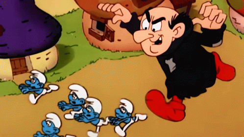 A Cartoon Of A Smurf Standing Next To A Group Of Smaller Smurfs GIF