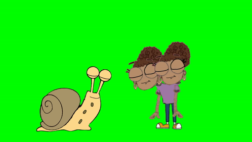 A Cartoon Of A Snail And A Girl With Two Faces On A Green Screen GIF