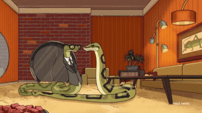 A Cartoon Of A Snake In A Living Room Says Adult Swim On The Bottom Right GIF