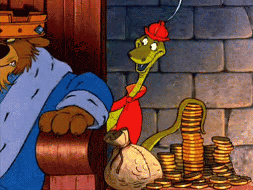 A Cartoon Of A Snake Standing Next To A Pile Of Coins GIF