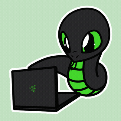 A Cartoon Of A Snake Using A Laptop With A Razer Logo On It GIF