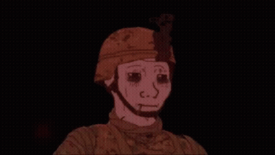 A Cartoon Of A Soldier With A Sad Face And A Helmet On . GIF