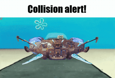 A Cartoon Of A Space Ship With The Words " Collision Alert " On The Bottom GIF