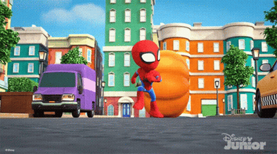 A Cartoon Of A Spider Man Carrying A Giant Pumpkin In A Disney Junior Advertisement GIF